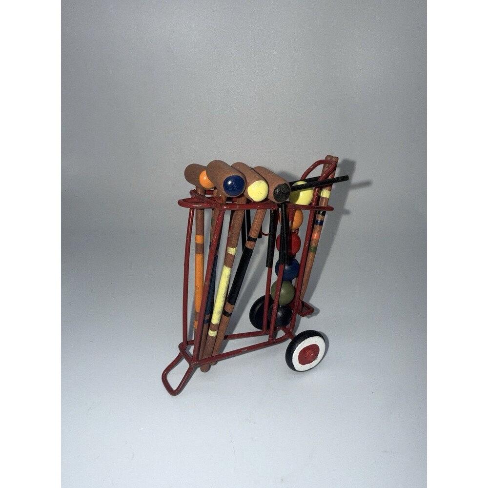 Rare Vintage Hand-Painted Croquet Set Christmas Ornament Red Wire Cart Yard Game
